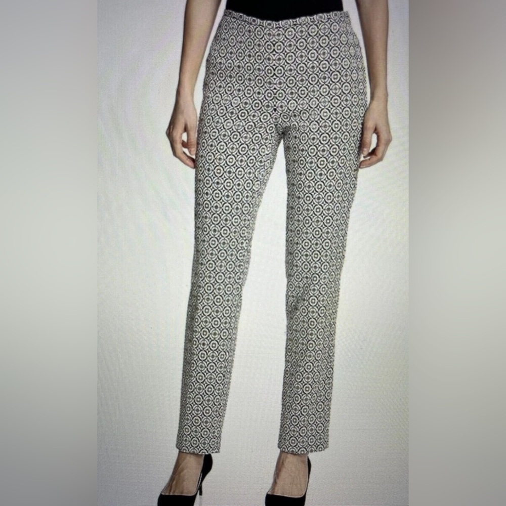 J. McLaughlin Foxxy Slim Pants black, white, gold metallic jacquard print lined